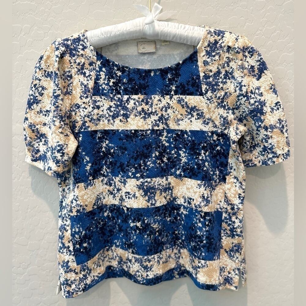 ANTHROPOLOGIE | Postmark Blue Beige Abstract Floral Puff Sleeve Blouse | Small